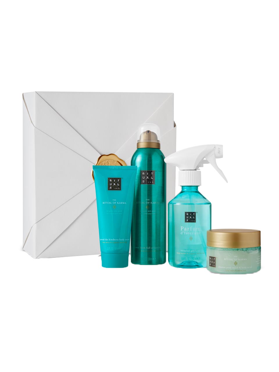 Rituals Karma Body Care Set: Parfum d'Interieur 250 ml + Body Cream 100 ml  + Body Scrub 125 g + Foam